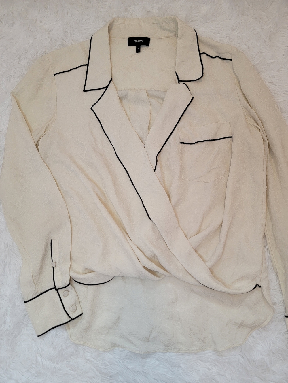 Theory 100% Silk Cream Wrap Blouse with Black Trim. Floral Embroidery. Medium